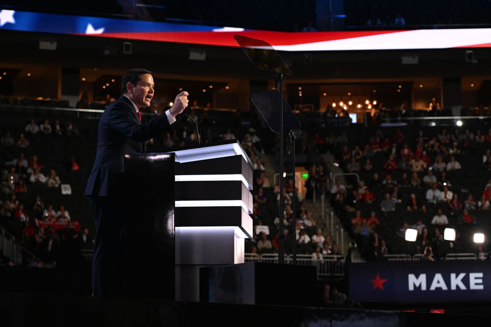 Florida Sen. Marco Rubio <a >gives a speech</a> at the convention. He said the upcoming presidential election is about “putting America first."