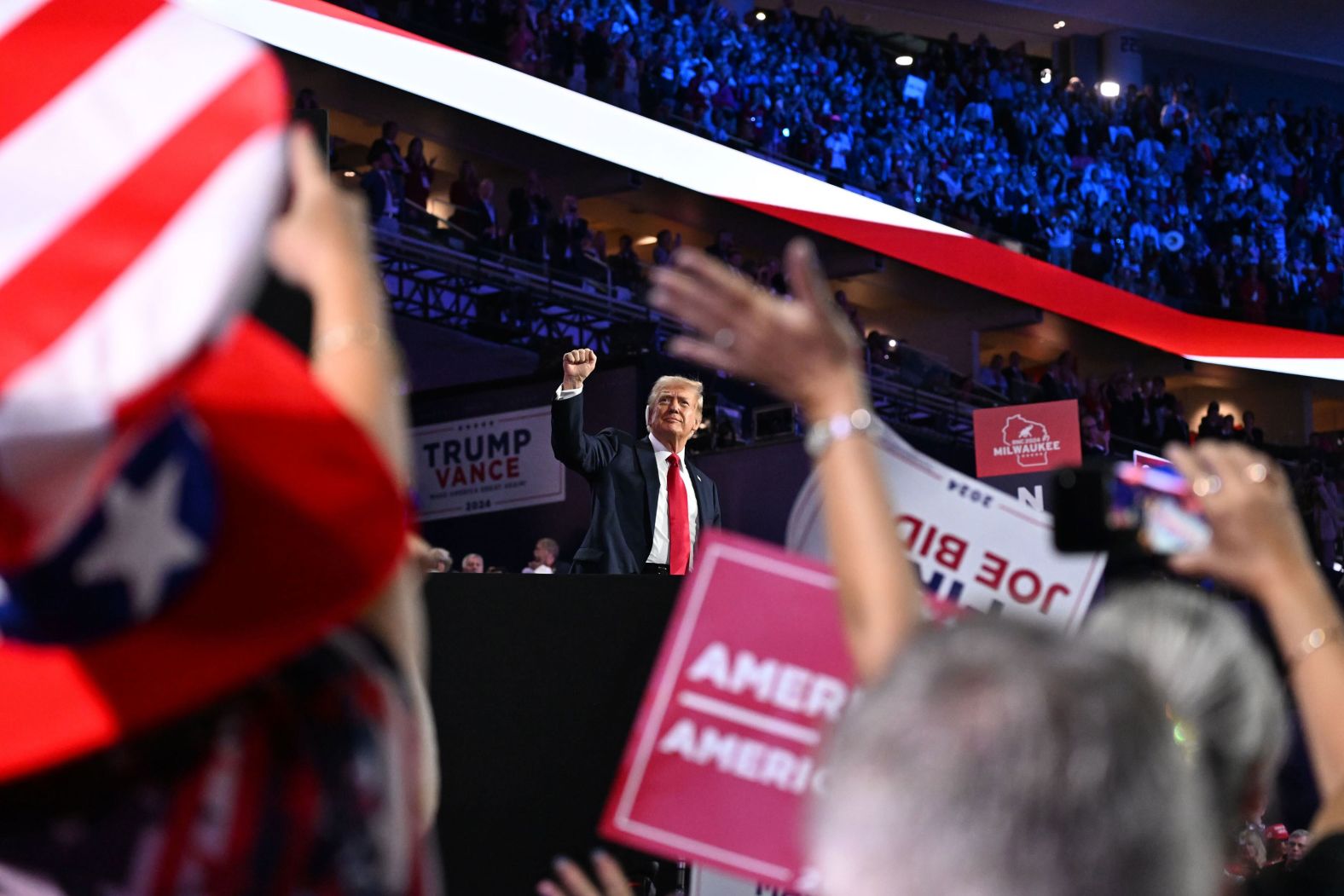 Trump arrives at the Fiserv Forum on Thursday.