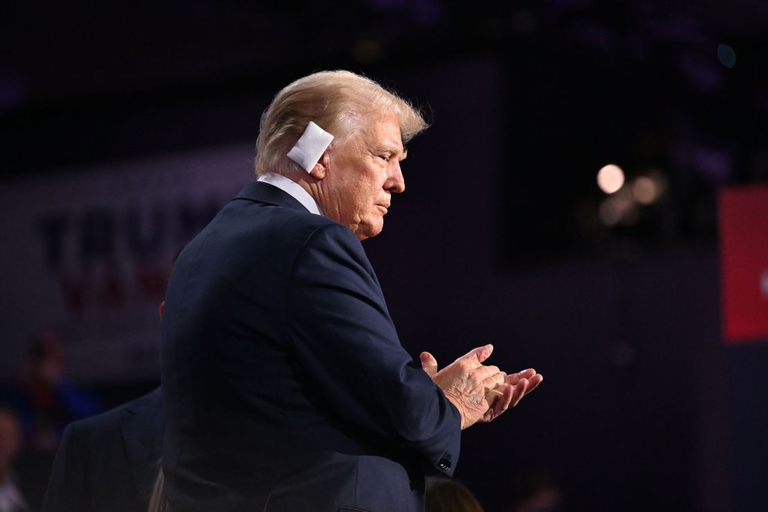 Former president Donald Trump at the 2024 Republican National Convention at the Fiserv Forum in Milwaukee, Wisconsin, on Thursday.