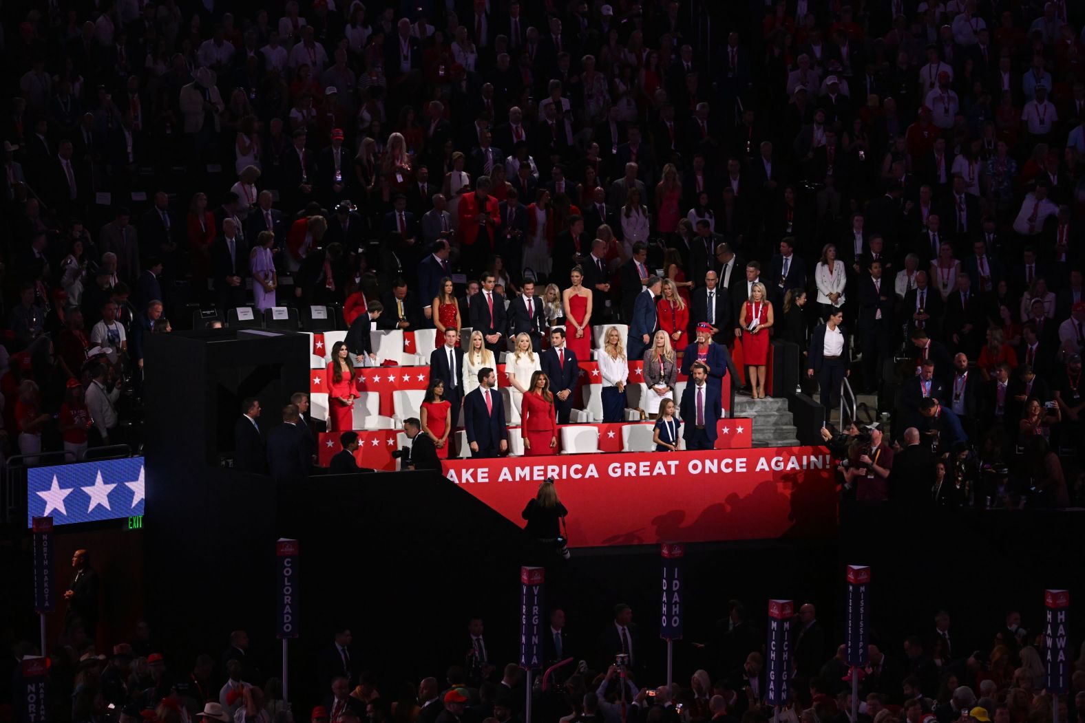 The former first lady <a >takes her seat</a> in the VIP box. She had attended just two public appearances since Trump launched his third presidential bid.