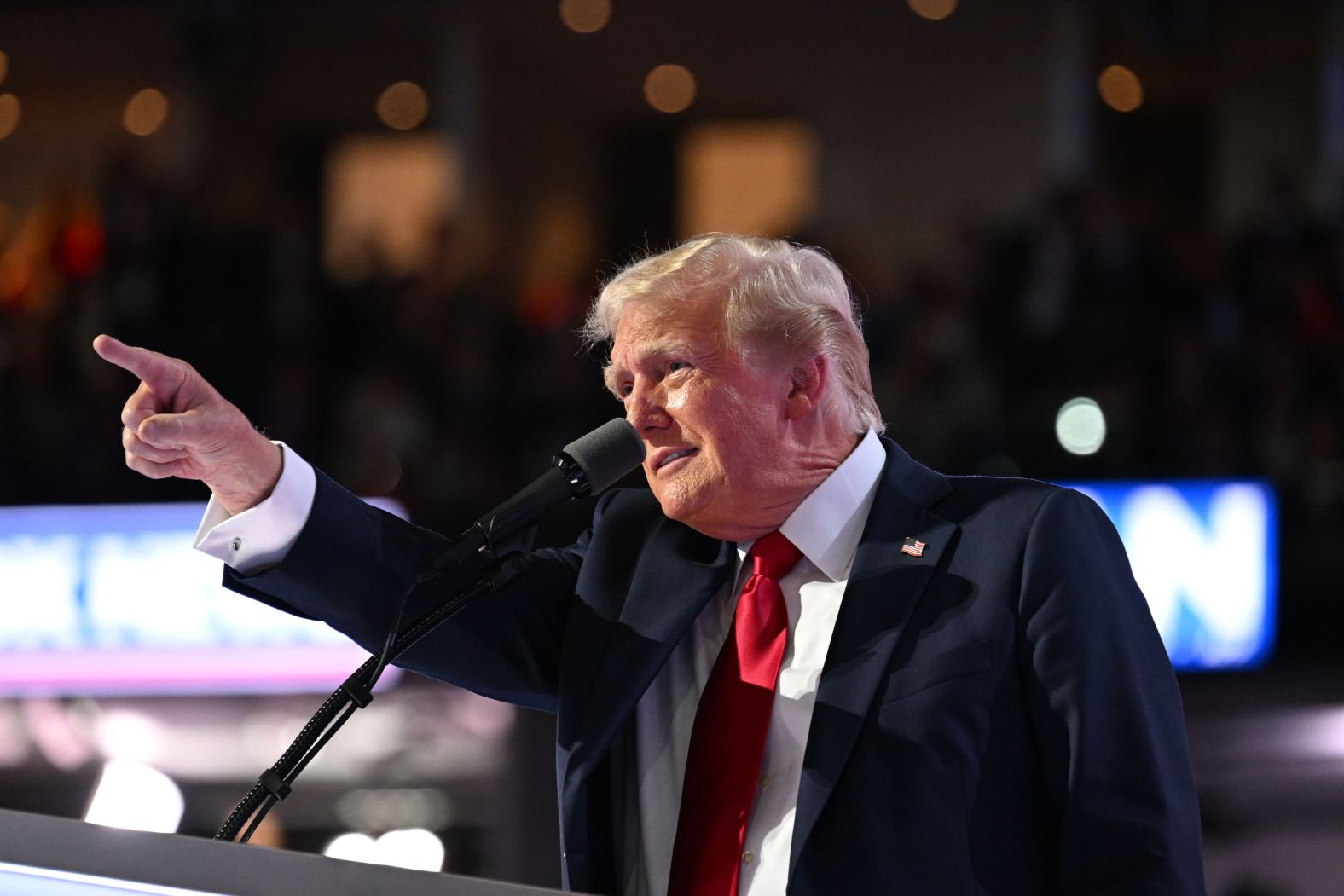 Trump points at the start of his speech. It was his first speech since Saturday's shooting in Butler, Pennsylvania.