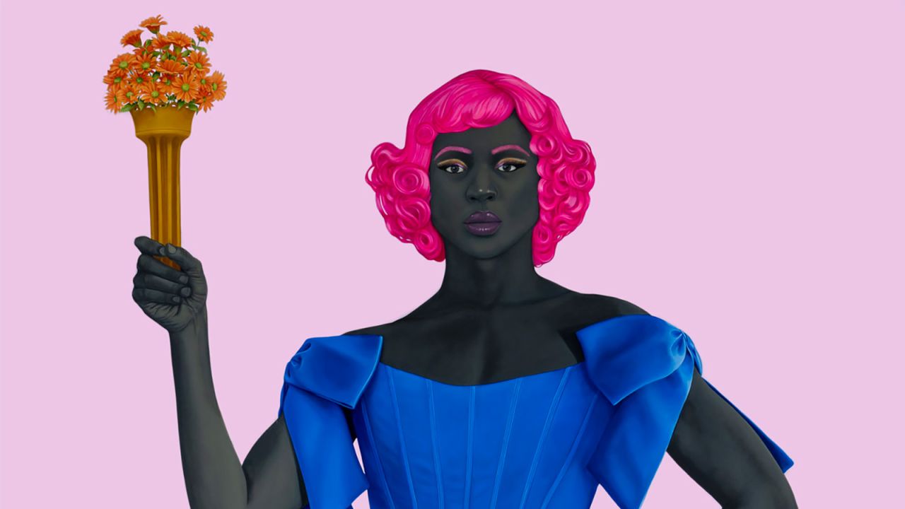 Amy Sherald, Trans Forming Liberty, 2024. Oil
on linen, 123 × 76 1/2 × 2 1/2in. (312.4 × 194.3
× 6.35 cm). 