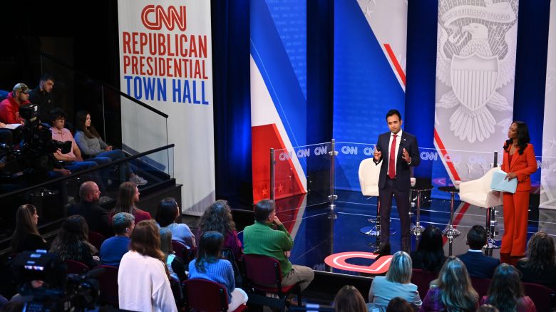 Republican presidential candidate Vivek Ramaswamy participates in a CNN Republican Town Hall moderated by CNNâs Abby Phillip at Grand View University in Des Moines, Iowa, on Wednesday, December 13, 2023.