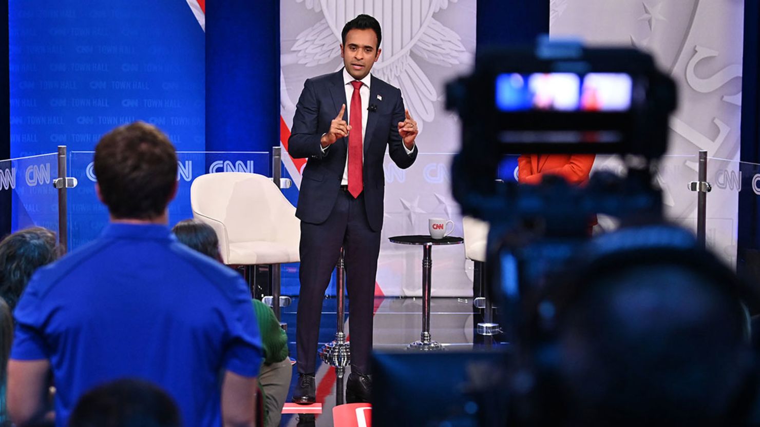 Republican presidential candidate Vivek Ramaswamy participates in a CNN Republican town hall moderated by CNN's Abby Phillip at Grand View University in Des Moines, Iowa, on Wednesday, December 13, 2023.