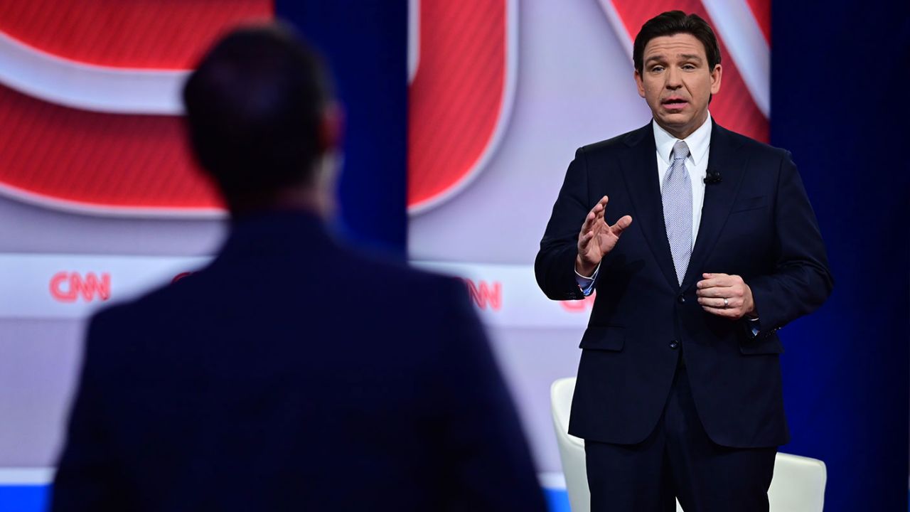 Florida Gov. Ron DeSantis takes part in a CNN town hall at New England College in Henniker, New Hampshire, on January 16, 2024.