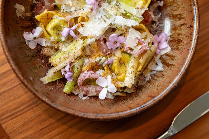 <strong>Local flavors:</strong> Inside The Flat Iron, the restaurant Luminosa serves dishes that lean on local ingredients. A recent cappellacci dish incorporated ramps, a springtime allium foraged in the mountains.