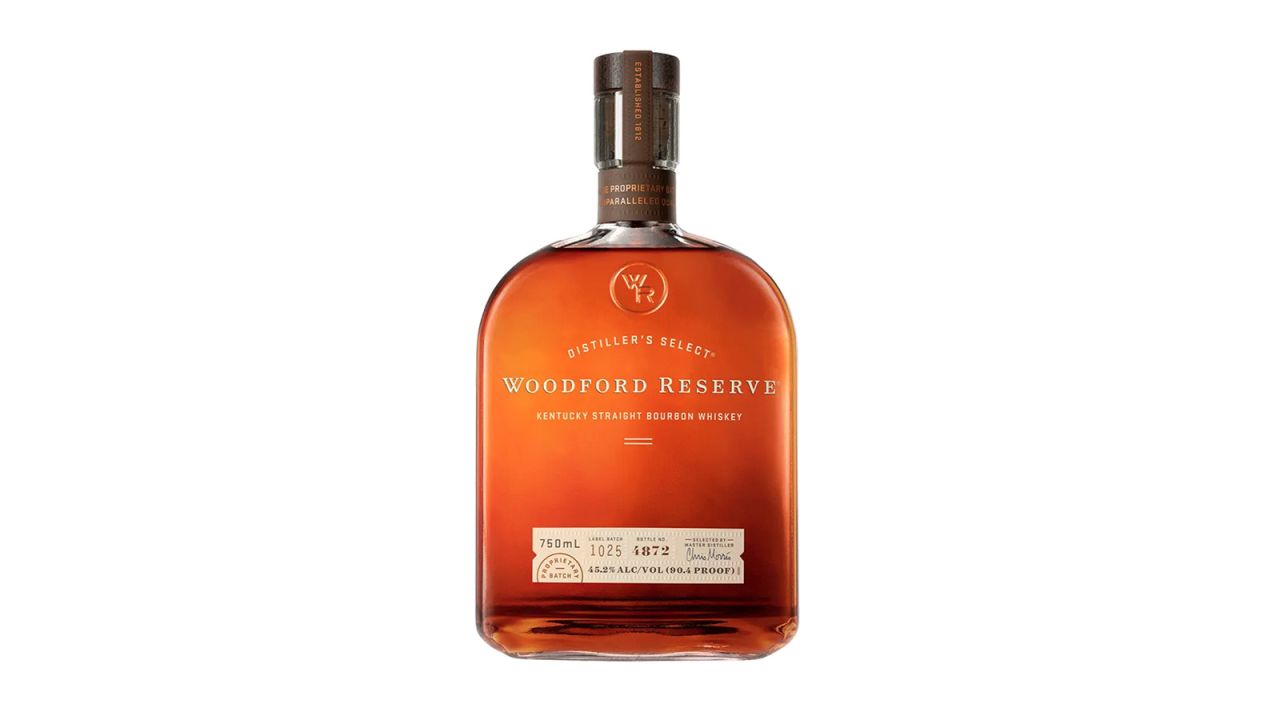 A bottle of Woodford Reserve Kentucky Straight Bourbon Whiskey on a white background.