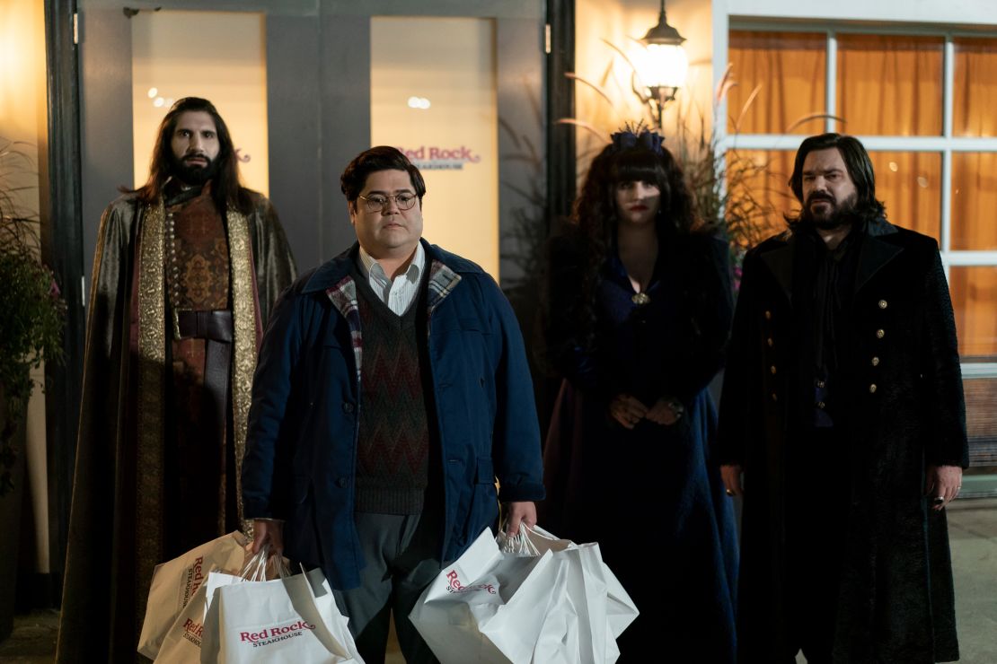 (from left) Kayvan Novak, Harvey Guillén, Natasia Demetriou and Matt Berry in 