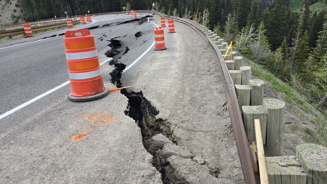 Cracks in the roadway on Teton Pass are seen on Friday, June 7, 2024, the day before its 