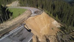 The roadway at milepost 12.8 on Teton Pass after it collapsed June 8 2024.