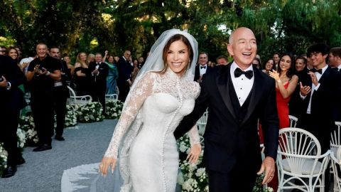 Amazon Founder Jeff Bezos and Media Personality Lauren Sanchez Bezos react on the day of their wedding in Venice, Italy, June 27, 2025 in this picture obtained from social media. @laurensanchezbezos via Instagram/via REUTERS  THIS IMAGE HAS BEEN SUPPLIED BY A THIRD PARTY. MANDATORY CREDIT. NO RESALES. NO ARCHIVES.