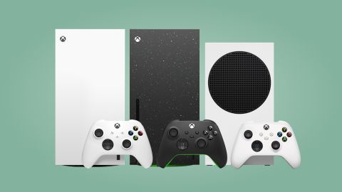 L to R: Xbox Series X 1TB Digital Edition, Xbox Series X 2TB Galaxy Black Special Edition and Xbox Series S 1TB Robot White, all with their controllers