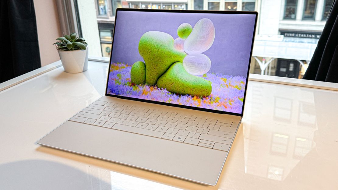 A laptop displays green blobs on its screen.