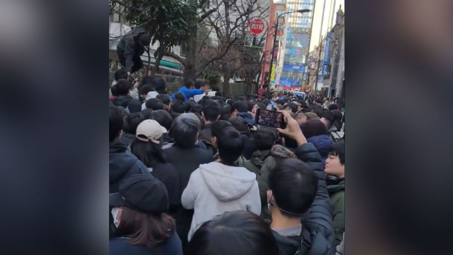 A large crowd gathers in Akihabara, a popular game shopping district in Tokyo, in hopes of buying GeForce RTX 50 Series graphic cards, on January 30.
