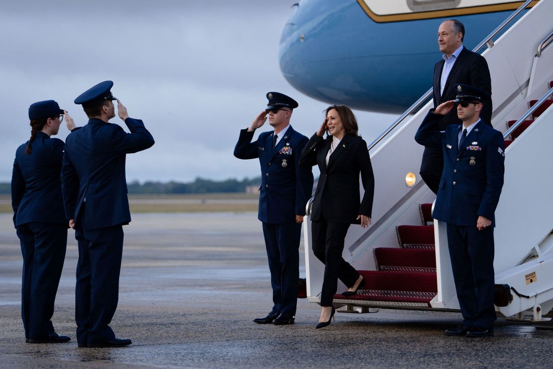 Harris and second gentleman Douglas Emhoff descend from Air Force Two at Joint Base Andrews in Maryland on July 22, 2024.