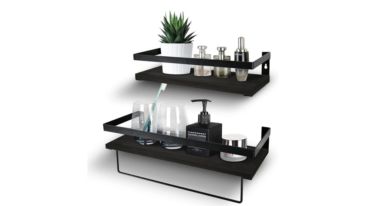 Two wall-mountable shelves on a white background. Various bathroom items are on the shelves.