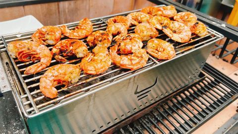 Shrimp grilling on a miniature Yak tabletop grill