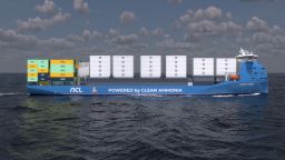A rendering image of Yara Eyde, a cargo ship that will use only clean sources of ammonia from 2026.