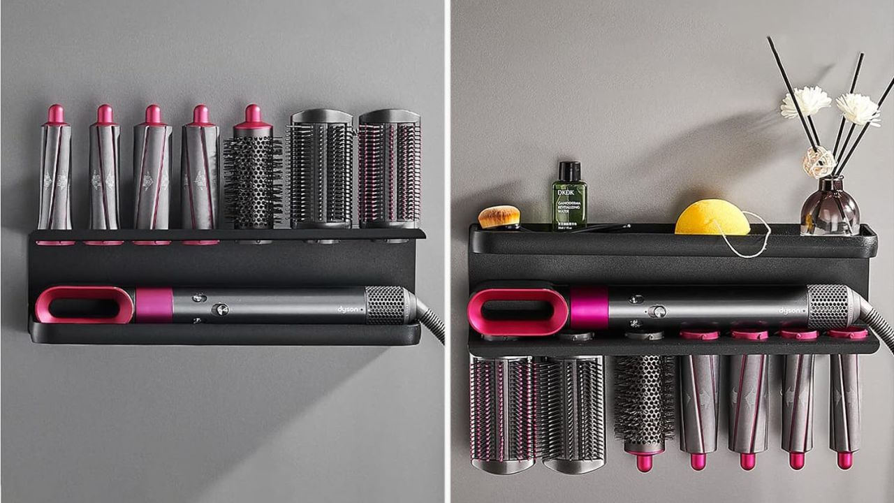 Two arrangement possibilities for a wall-mounted shelf that stores the Dyson Airwrap.