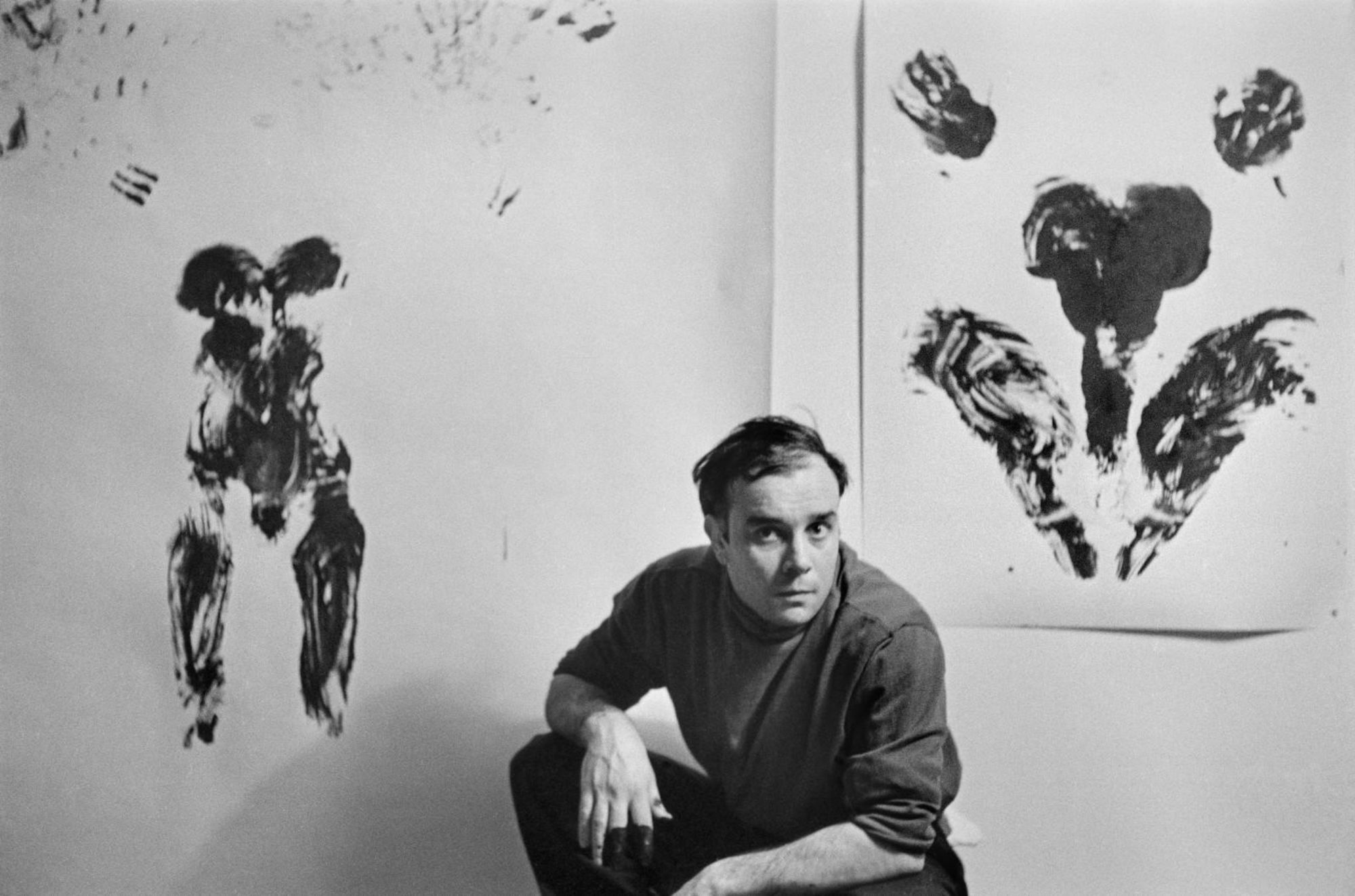 Yves Klein, pictured with his "Anthropométrie" paintings, died before he could stage "Sculpture Tactile," in which visitors can reach into a box and blindly touch a nude performer.