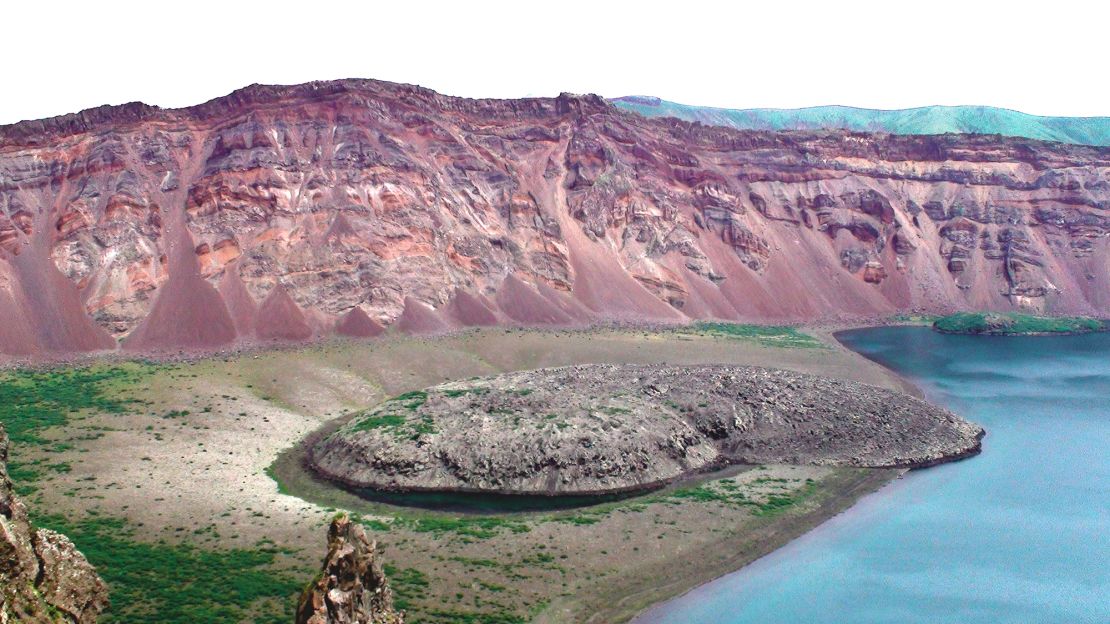 The 1831 eruption occurred at Zavaritskii volcano on Simushir Island. The explosion generated a 1.87-mile-wide caldera, revealing red, black and white layers made up of past eruptive deposits.