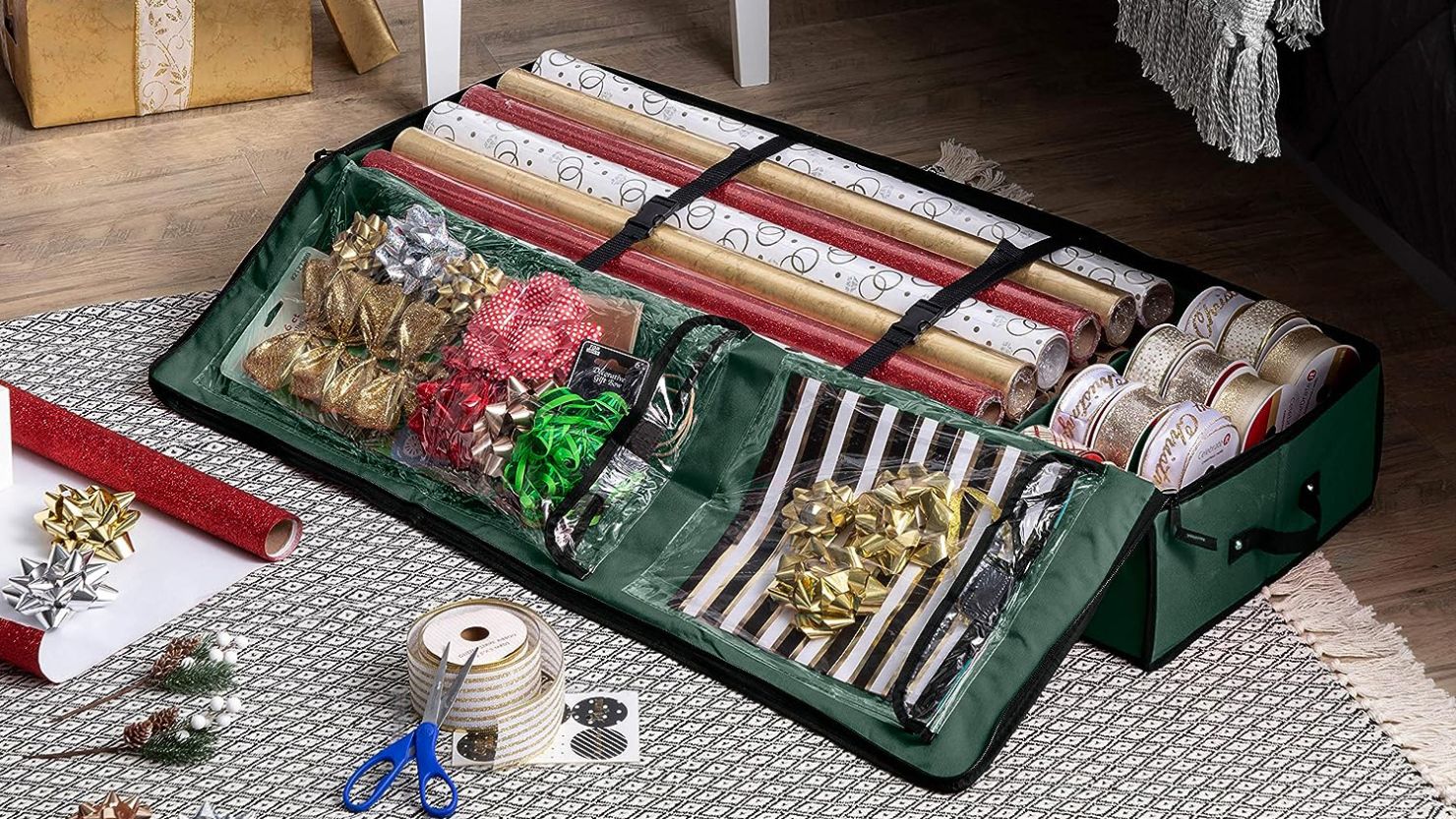 Hearth & Harbor Christmas Wrapping Paper & Holiday Accessories Storage Organizer Box Heavy Duty