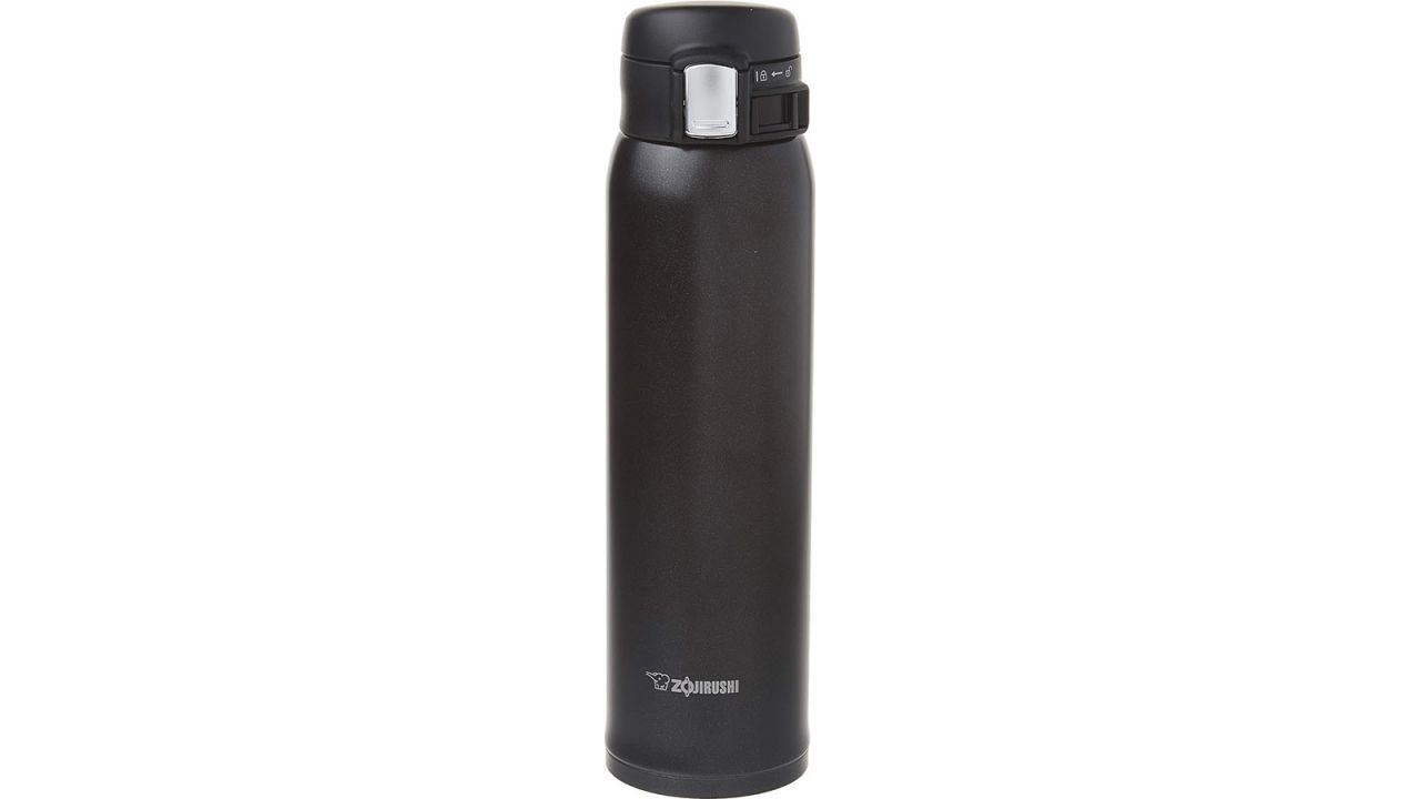 Black matte water bottle placed against white background.