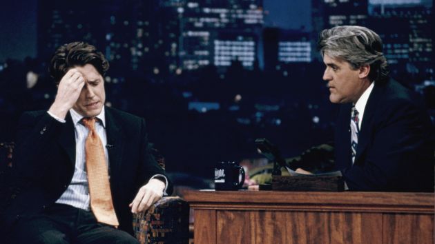 THE TONIGHT SHOW WITH JAY LENO -- Episode 725 -- Pictured: (l-r) Actor Hugh Grant during an interview with host Jay Leno on July 10, 1995 two weeks after Grant's highly publicized arrest for picking up a prostitute -- Photo by: Margaret Norton/NBCU Photo Bank