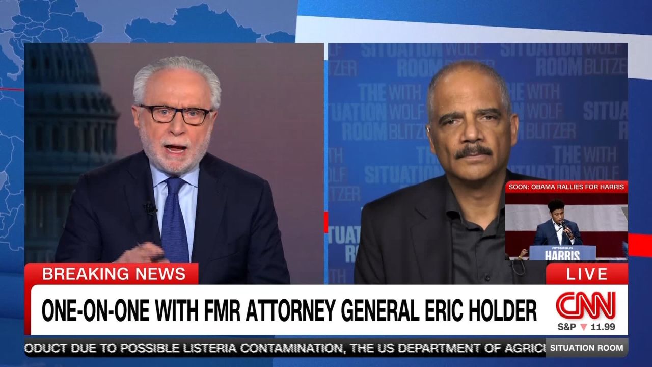 <p>October 10, 2024: Former Attorney General Eric Holder, who led Vice President Kamala Harris' vetting process for her running mate, tells Wolf Blitzer that "nothing of any substance" was missed by the vetting team, and that Governor Tim Walz is an "authentic guy" who has taken responsibility for misstatements but is "unlike Donald Trump, who lies... all the time." </p>