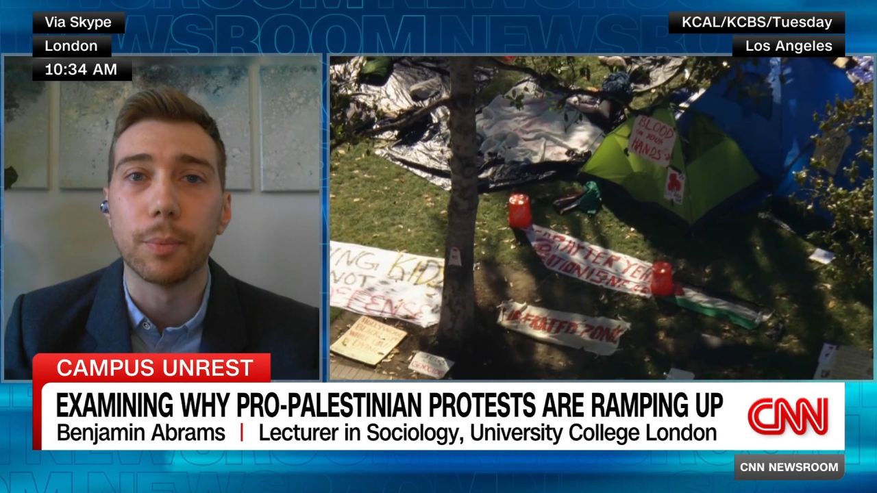<p>With 2,100+ people arrested on U.S. campuses since April 18, CNN’s Kim Brunhuber speaks to Benjamin Adams, from University College London, about the social factors that could explain why protests have been escalating at schools across the country.</p>