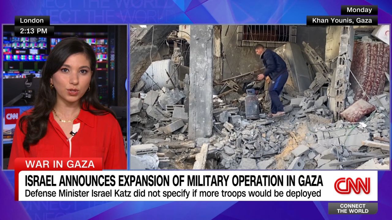 <p>Israel has announced a major expansion of its military operation in Gaza, aiming to seize extensive areas and integrate them into Israeli security zones. This move involves a large-scale evacuation of Palestinians and is part of a strategy to pressure Hamas to release Israeli hostages. Salma Abdelaziz reports.</p>