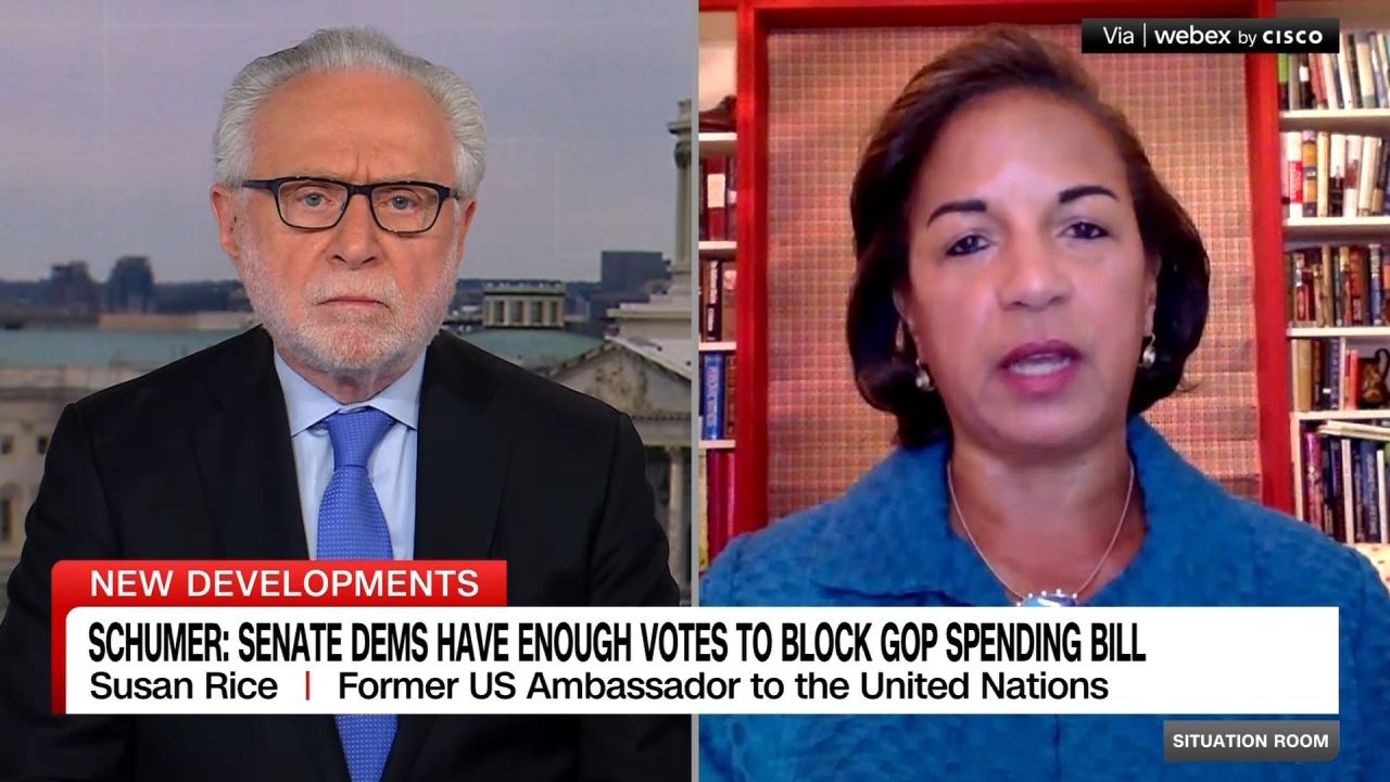 <p>Former Amb. Susan Rice calls the GOP government funding bill "crazy" and tells Wolf Blitzer that Democrats should not "roll over and play dead."</p>