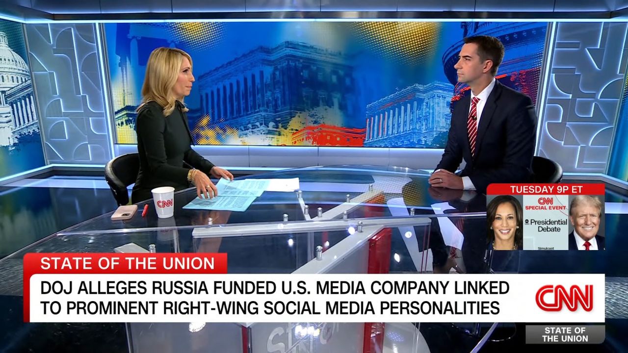 <p>Republican Sen. Tom Cotton tells CNN's Dana Bash that “people should not knowingly take money from the government of Russia or Iran or China or any other adversarial nation to try to influence the election. But I also think it's fair to say that a few memes or videos in the vast sea of political commentary is not going to make much of a difference in this election.”</p>