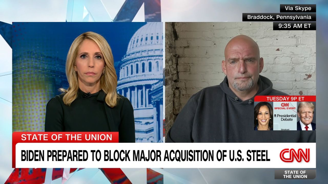 <p>Pennsylvania Sen. John Fetterman reacts to a new warning from US Steel in an interview with CNN’s Dana Bash as President Joe Biden is expected to block a deal with Japan’s Nippon Steel.</p>