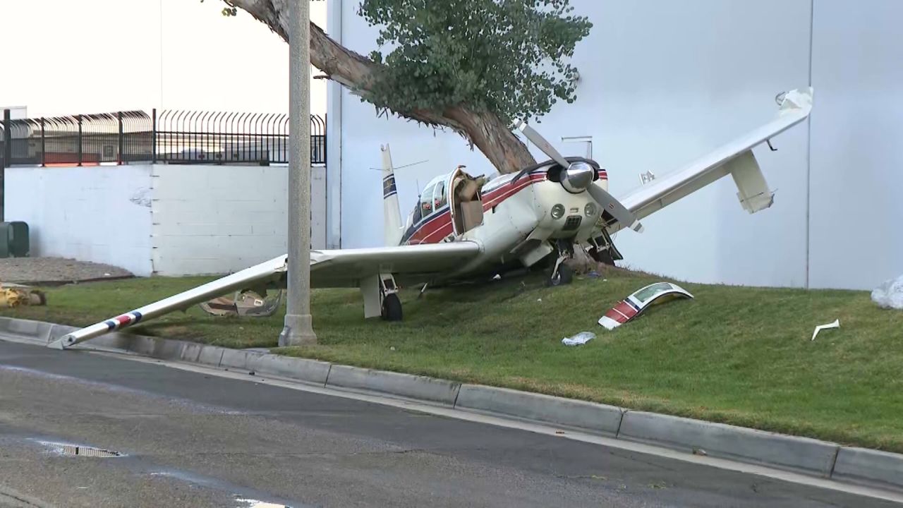 <p>Video captured a single-engine plane crashing into a tree and hitting a fire hydrant in California. The two men on board were taken to the hospital and were listed in moderate to critical condition. CNN affiliate KCAL/KCBS reports</p>