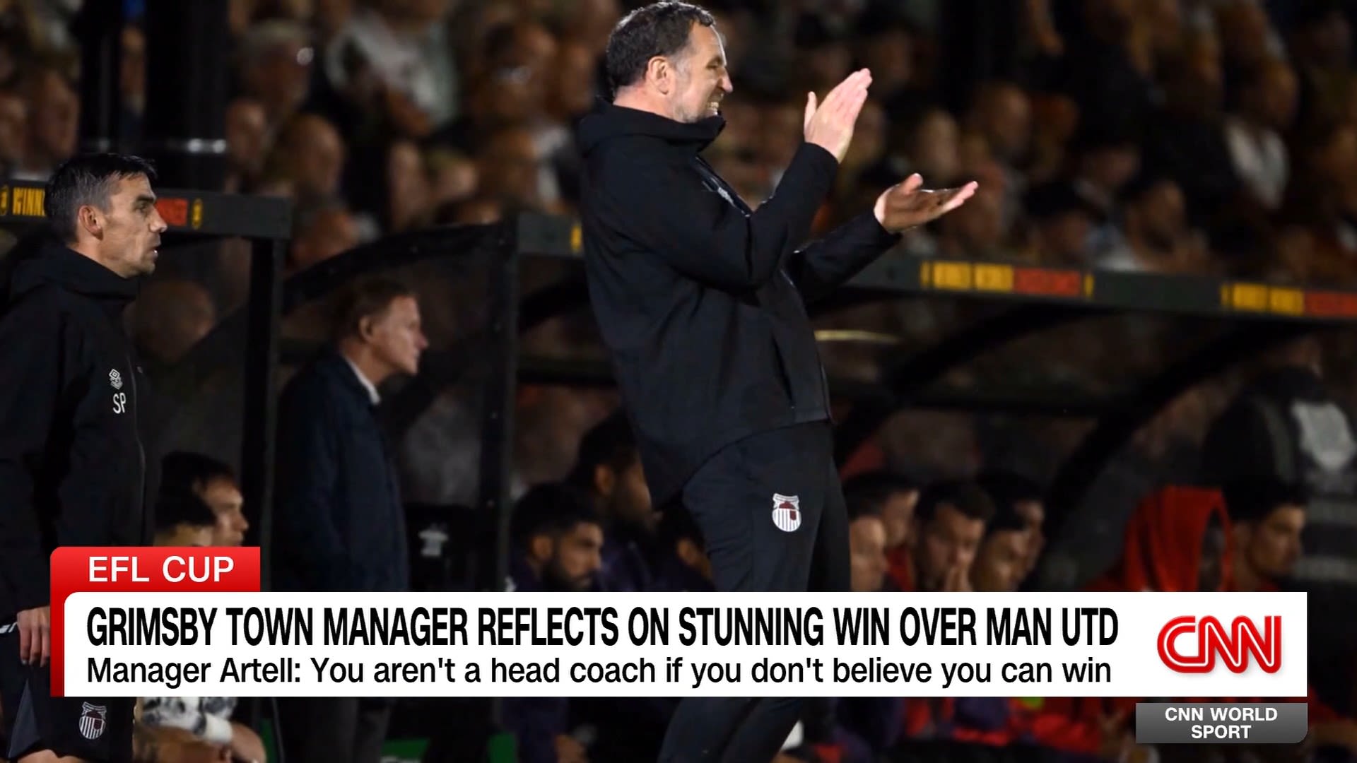 <p>The Mariners - as Grimsby Town are known - caused their illustrious opponents Manchester United to be all-at-sea during their historic win over Ruben Amorim's United following an epic penalty shoot-out. The League Cup tie against the Red Devils ended 2-2 after 90-minutes and the marathon penalty contest ended when United's Bryan Mbeumo saw his spot kick hit the woodwork, triggering wild scenes of elation amongst the Mariners' fans. United had never previously lost to a fourth-tier side. CNN World Sport's Patrick Snell spoke with a delighted Grimsby manager David Artell who started out by responding to a post on X from Bayer Leverkusen.</p>