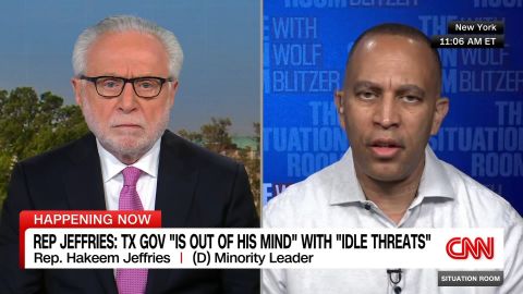 <p>House Democratic Leader Hakeem Jeffries slams Texas Governor Greg Abbott's threat to kick lawmakers who fled the state out of office and tells CNN's Wolf Blitzer how Democrats will respond to the GOP redistricting effort.</p>