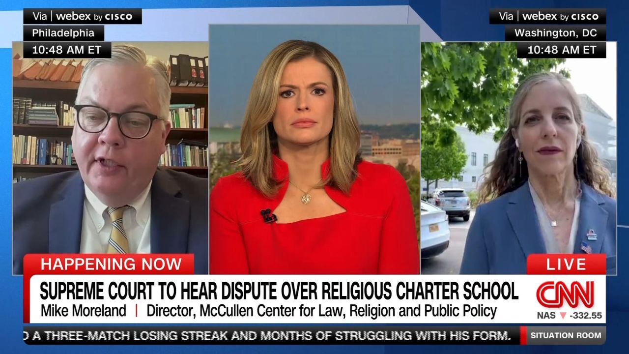 <p>Michael Moreland, a law professor at Villanova University, and Rachel Laser, President and CEO of Americans United for Separation of Church and State, joined CNN's Pamela Brown to share their perspectives on how a pending decision by the Supreme Court could change the separation of church and state in public schools. </p>