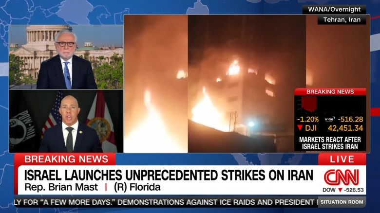 <p>Chair of the House Foreign Affairs Committee, Republican Rep. Brian Mast, talks with CNN's Wolf Blitzer about Israel's unprecedented preemptive strike against Iranian military and nuclear targets. </p>