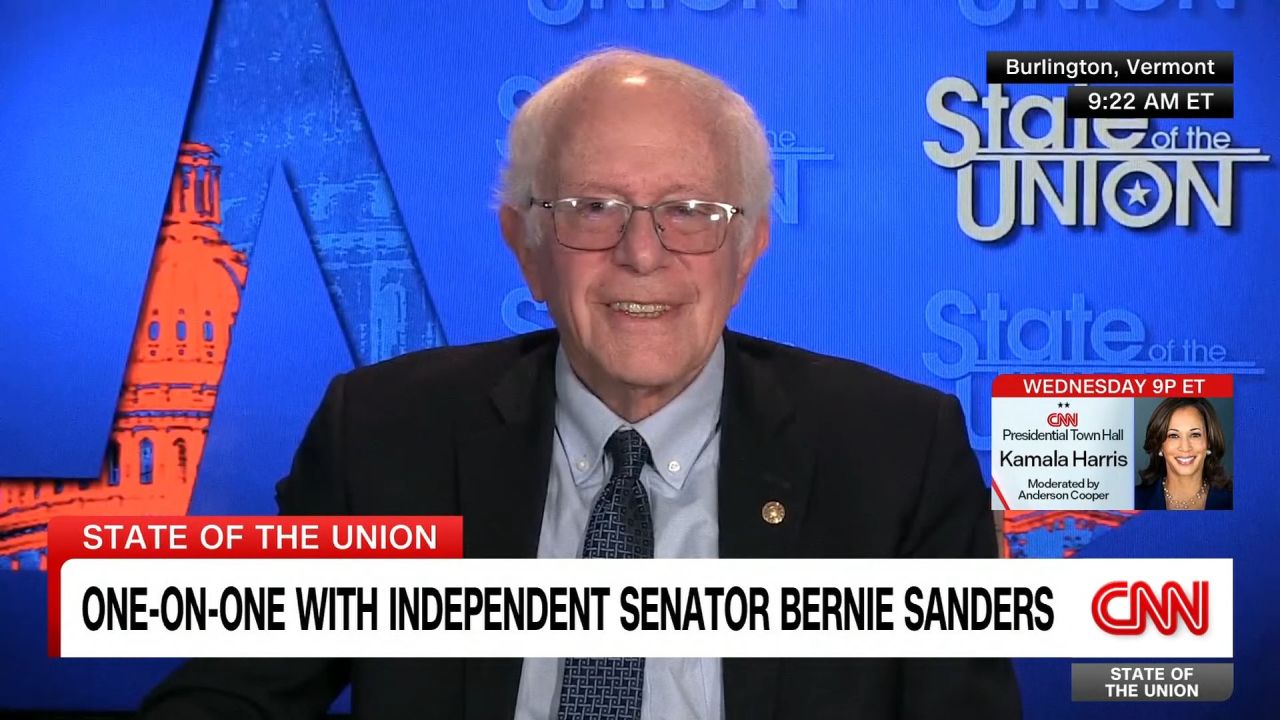 <p>Independent Senator Bernie Sanders reacts to Trump's recent meandering remarks with CNN's Jake Tapper</p>