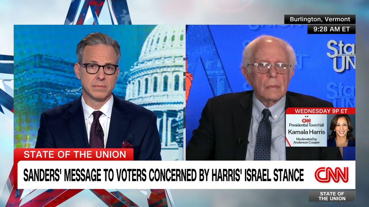 <p>Independent Sen. Bernie Sanders shares his message to progressive voters concerned by Vice President Harris’ policy on Gaza in an interview with CNN’s Jake Tapper.</p>