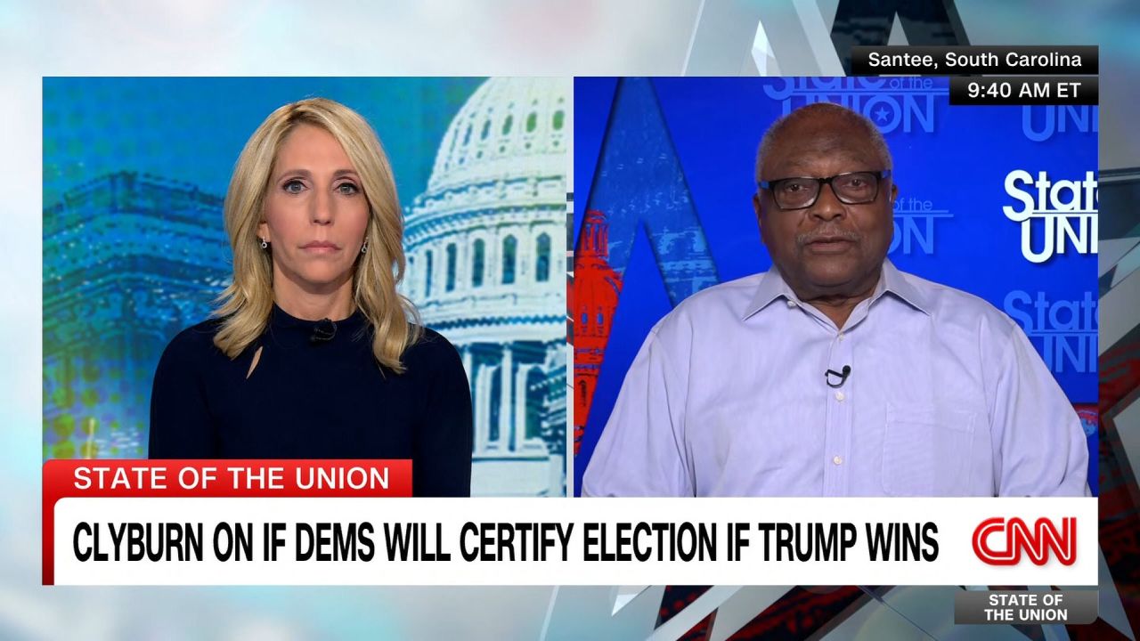 <p>South Carolina Rep. James Clyburn tells CNN’s Dana Bash "I look forward to having a fair election" and says he will "absolutely" certify it if Trump wins.</p>