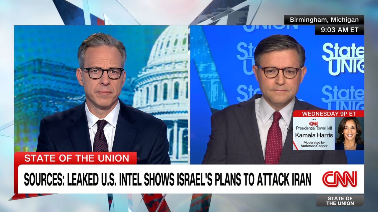 <p>House Speaker Johnson tells CNN’s Jake Tapper that an investigation is underway into the leak of US intelligence on a potential Israeli strike against Iran.</p>