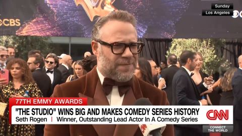 CNN's Elizabeth Wagmeister looks at the most memorable moments from this year's Emmy Awards, including her red carpet interview with actor Seth Rogen, who won Outstanding Lead Actor In A Comedy Series for "The Studio."