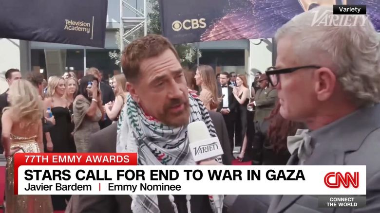 <p>Emmy nominee Javier Bardem took to the red carpet wearing a keffiyeh, a traditional Palestinian scarf, to denounce "the genocide in Gaza," and Hannah Einbinder, who won an Emmy for her role in the TV series "Hacks" called for a "Free Palestine" on stage.</p>