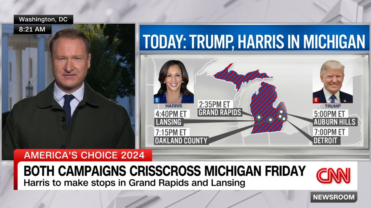 <p>Both U.S. presidential candidates will hold multiple events in Michigan, one of the battlegroud states. Kevin Liptak explains why Trump and Harris are crisscrossing the state.</p>