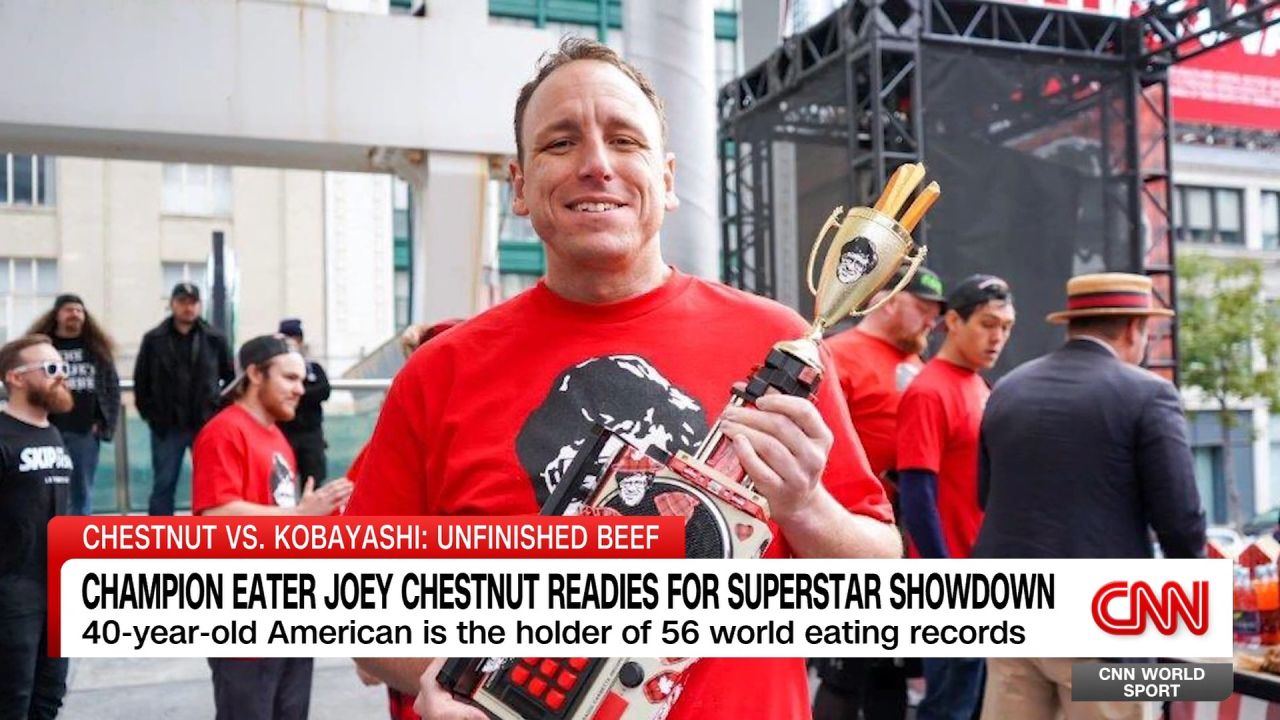 <p>Hot dog eating champions Joey Chestnut and Takeru Kobayashi have “Unfinished Beef” to settle.?The two competitive eaters, who have faced off before at Nathan’s Famous Hot Dog Eating Contest, will battle it out on Labor Day to prove which one of them is the better hot dog eating champion. Chestnut has been speaking with World Sport's Don Riddell ahead of the showdown.</p>