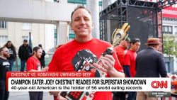 <p>Hot dog eating champions Joey Chestnut and Takeru Kobayashi have “Unfinished Beef” to settle.?The two competitive eaters, who have faced off before at Nathan’s Famous Hot Dog Eating Contest, will battle it out on Labor Day to prove which one of them is the better hot dog eating champion. Chestnut has been speaking with World Sport's Don Riddell ahead of the showdown.</p>