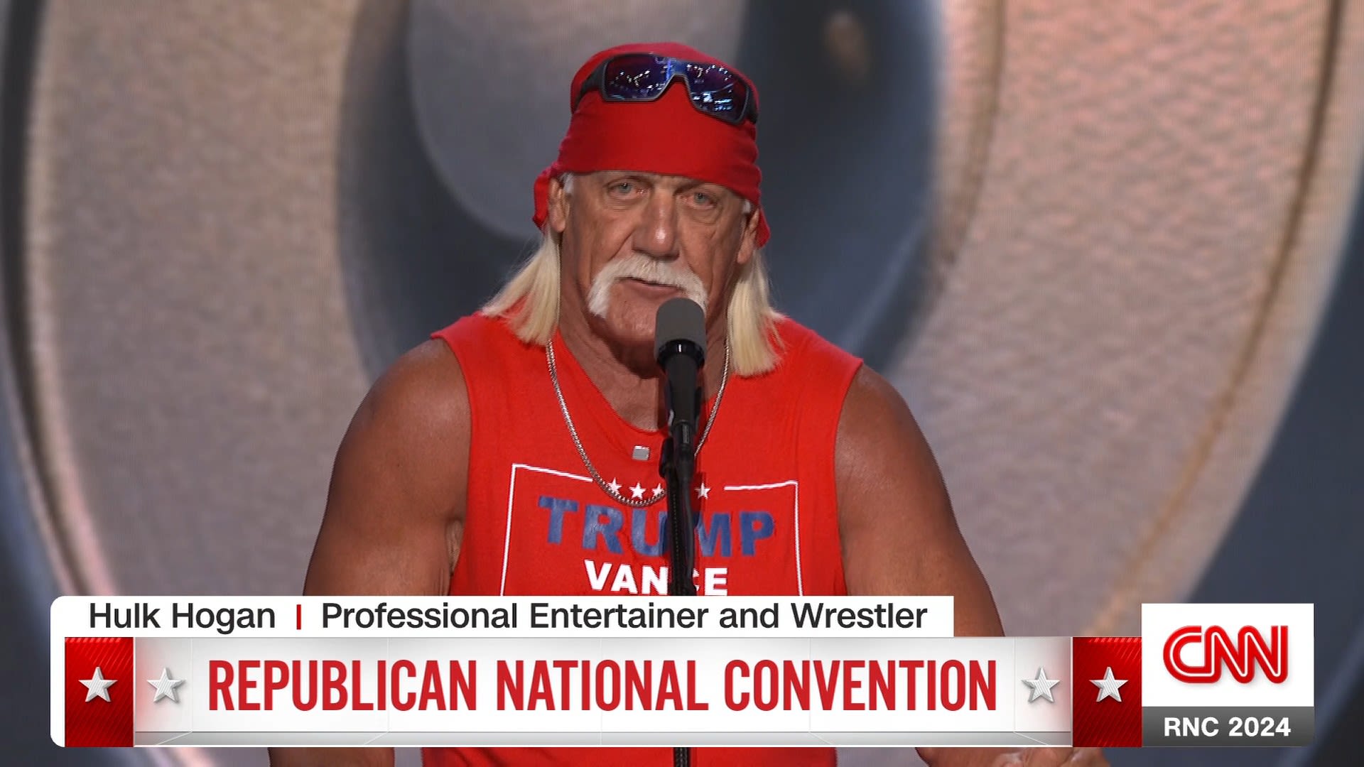 <p>Hulk Hogan, professional entertainer and wrestler, promotes Trump as "toughest of them all" on final day of the Republican National Convention.</p>