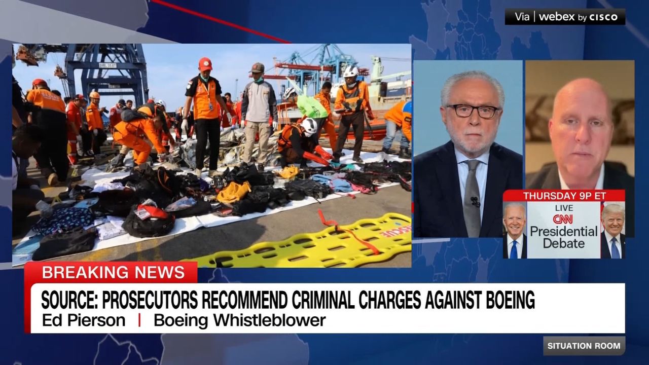 <p>June 24, 2024: Boeing whistleblower Ed Pierson joins Wolf Blitzer and says it's "very encouraging news" that federal prosecutors have recommended bringing criminal charges against Boeing, though top Justice Department officials haven't made a final decision.</p>